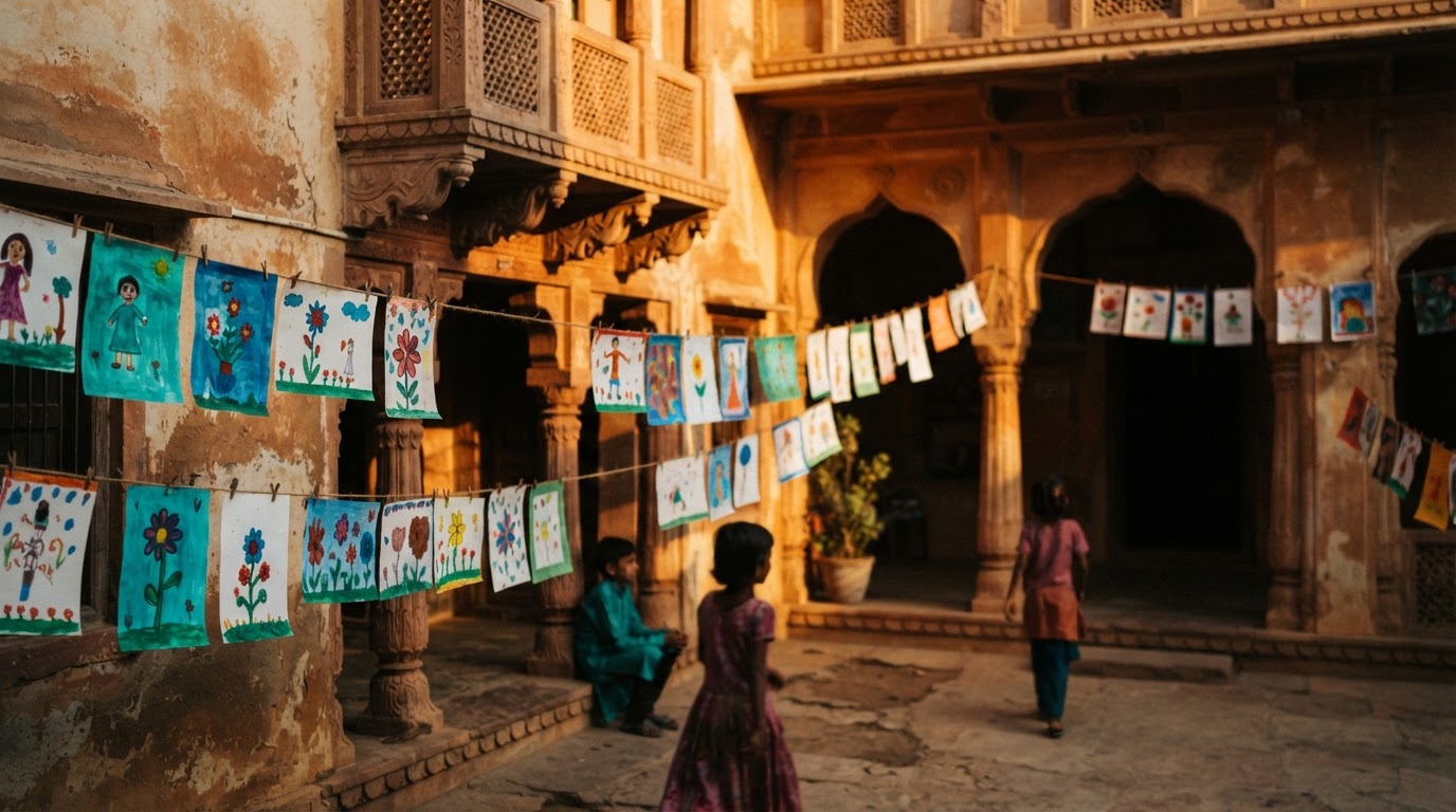 Children's art drying in an Indian orphanage courtyard